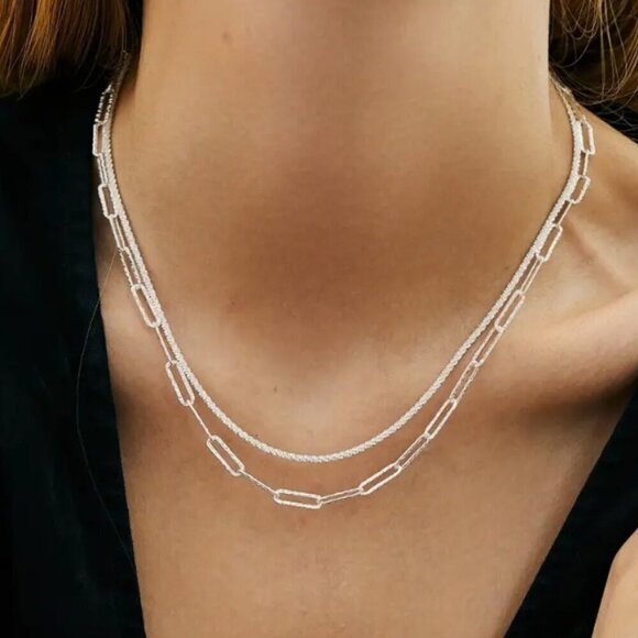 925 Silver Double Bracelet & Necklace 925 Paperclip & Twisted Glitter NWT - Picture 3 of 5